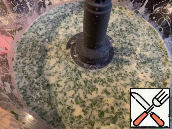 Beat the eggs with milk, salt and sugar, gradually add the flour, mixing well. Add 1 tbsp of vegetable oil, cheese and herbs to the dough and mix well. (I made the dough using a food processor, just put all the ingredients in the bowl of the processor and beat).