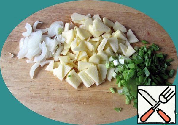 Onions cut into thin quarter rings, green onions-rings, peeled Apple-thin small slices.