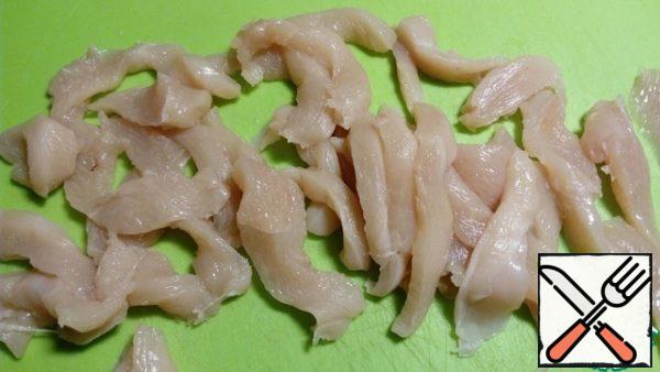 Fillet cut into long cubes and fry (you can use boiled chicken).