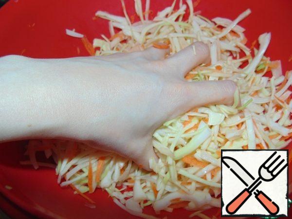 Mix everything and mash it well with your hands, the cabbage should become softer and give juice.