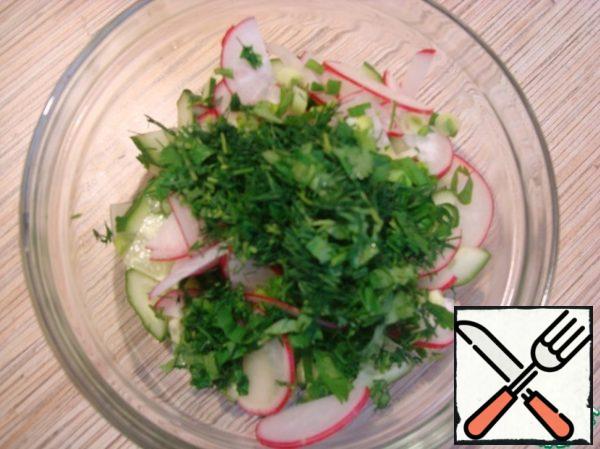 Finely chop the greens and green onions.