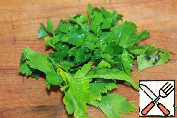 We use any greens to taste, but there should be a lot of them. I use parsley, coriander will go well with this salad.