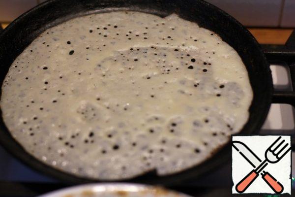 Preheat a cast-iron frying pan, brush with oil and pour the dough.
Holes are obtained only on a cast-iron pan and when the dough is quickly poured.