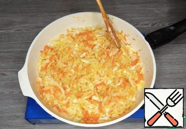 Fry the onion and carrot in a small amount of oil for 5 minutes. Then add the cabbage, salt and cook until half-cooked.