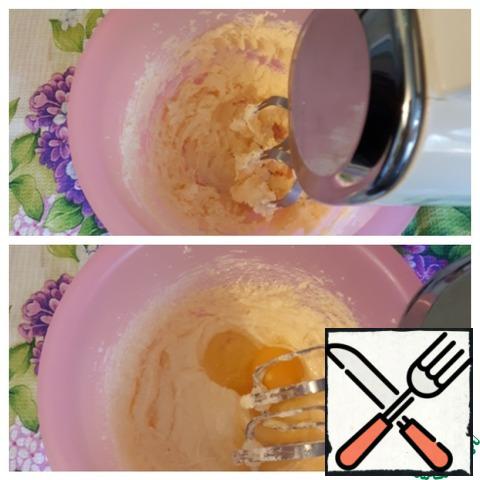 Beat butter or margarine with sugar, add one egg at a time, and beat everything well again with a mixer.