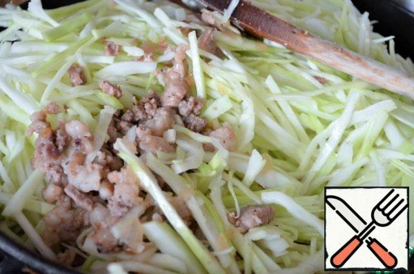 Fry the onion in vegetable oil, then add salt to the meat.
Add the cabbage, pour in the soy sauce, fry over low heat,
until ready.