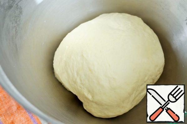 Add vegetable oil and knead an elastic, soft dough.
Grease a bowl with vegetable oil, put a bun of dough in it,
cover and remove to a warm place for 45 minutes.