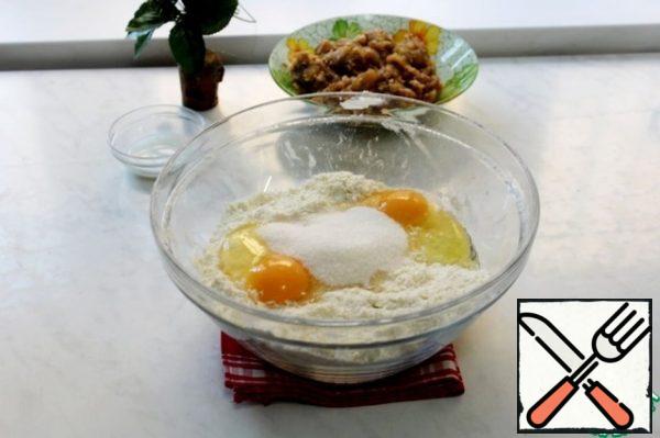 Add eggs, sugar and milk.