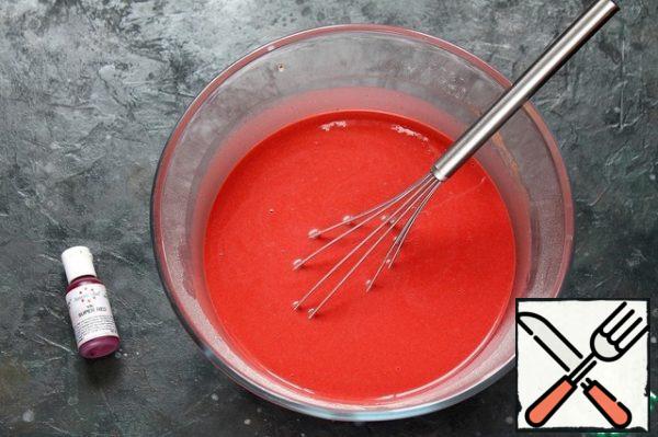 To add the dye. The recipe used gel food dye AmeriColor Super Red in the amount of 1 tsp. Cover the bowl with the dough with cling film and leave at room temperature for 30-40 minutes.