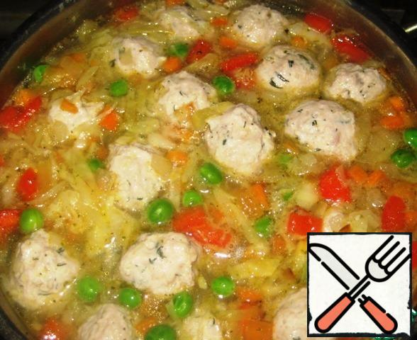 Put the meatballs in the soup. Gently mix and cook for 10-12 minutes until the meatballs are ready.Try the soup and adjust the taste for salt/pepper.