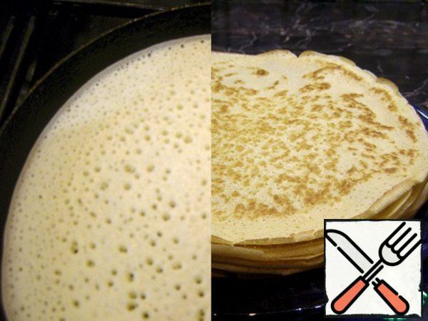 Fry the pancakes as usual, on both sides. This amount of dough will yield 6 pieces of average thickness d= 19 cm. Pancakes are porous, elastic and quite soft.