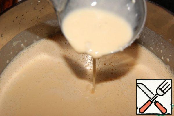 Put all the ingredients in a deep container and whisk. I was whipping at 1 speed of the mixer. You can beat it with a fork or whisk. The dough turns out to be liquid. Do not add more flour, this is quite enough!