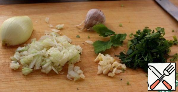 For minced meat, finely chop the onion, herbs, and garlic clove.