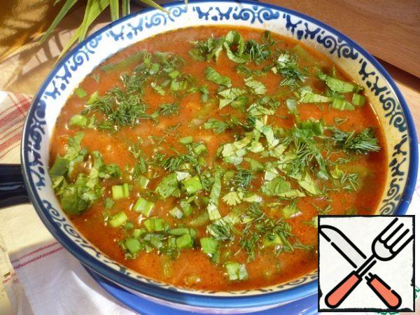 Serve the soup "Manja", sprinkled with fresh herbs (I have finely chopped: dill, coriander and green onions). Bon Appetit!