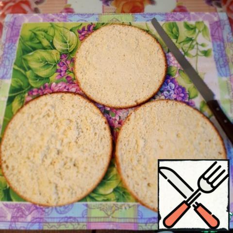 Allow the sponge cake to cool and cut into three cakes.