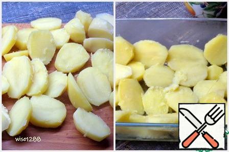 Turn on the oven to heat up to 180 degrees. Boil the potatoes until they are half-cooked and cut them into circles. Grease the form with butter. Spread the potatoes on the bottom of the mold and form a small side.