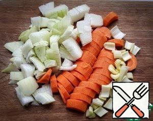 Onions, carrots, celery cut into small pieces.