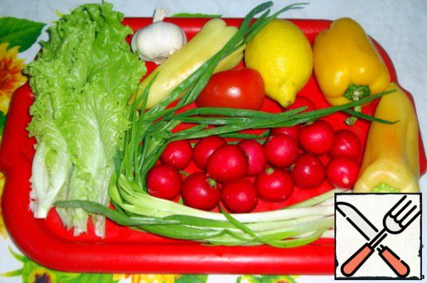 Vegetables - lettuce, garlic, pepper, tomato, green onion, radish, cucumber, alfalfa, lemon.