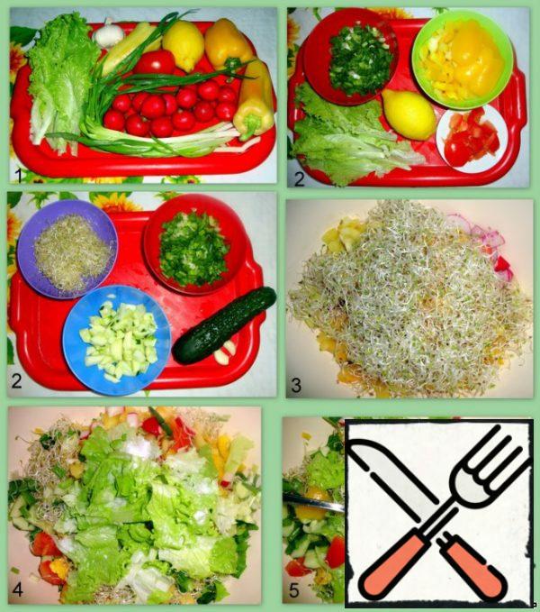 Chop all the vegetables. Add alfalfa.
Season with salt, sunflower oil and lemon juice.