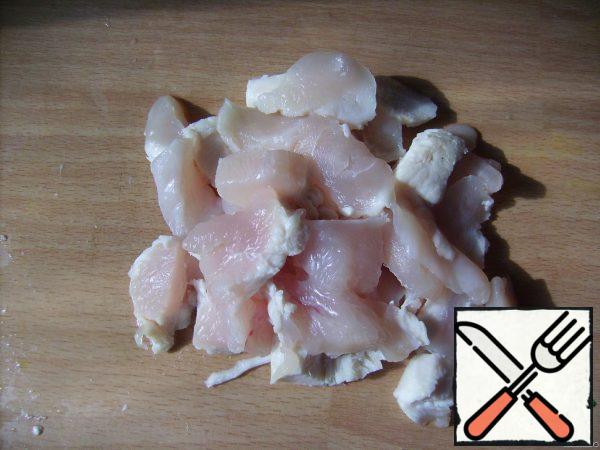 chicken fillet can be simply boiled or simply fried, BUT... boiled fillet, as for me, is too dry, and fried - too fat))).....so I do this: finely chop the fillet, salt, sprinkle with seasonings to taste, spread a thin layer on a plate and put it in the microwave for 2 minutes) then take it out, turn it over and cook for another 2 minutes)....you can grill for a minute later, but it's not necessary)