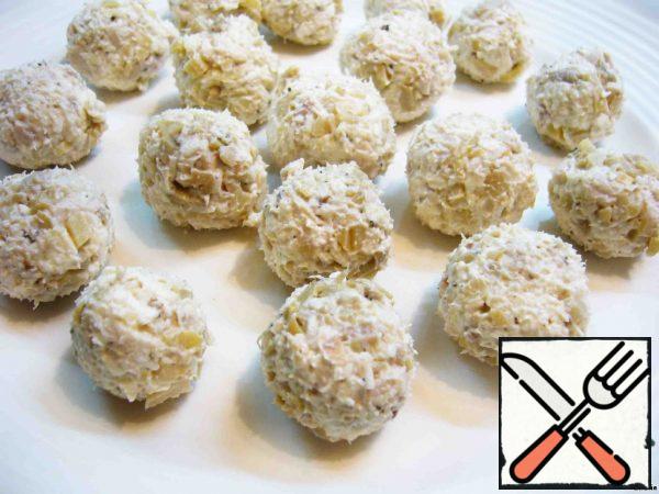 Add salt and pepper, add mayonnaise, mix everything thoroughly and roll the salad into a small ball with a diameter of 3 cm.