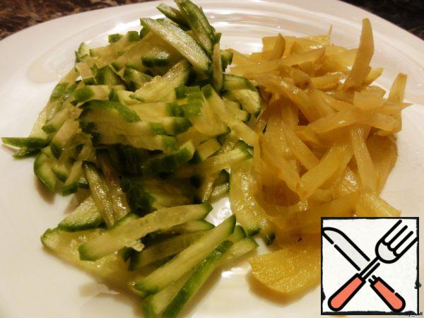 Cucumber (I took a half of pickled and fresh) cut into thin strips.