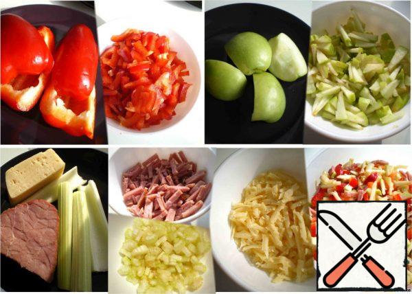 Pepper, meat, Apple and celery I prefer to finely chop the products is heavy, and can not be afraid that will "mess", the cheese to RUB on a large grater, you get pieces that are comparable in size with the rest of the ingredients. All the ingredients are combined and mixed.