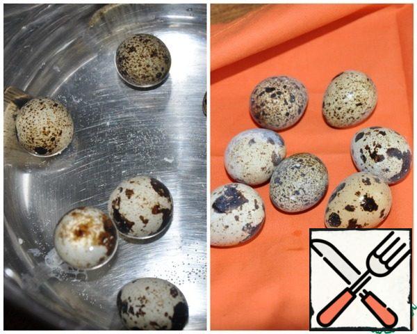 Boil the quail eggs – they only need 4-5 minutes from the moment of boiling. Then fill them with cold water to cool them down.