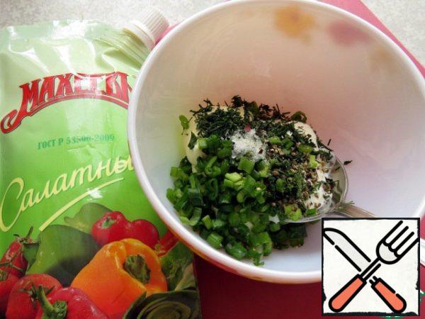 Add finely chopped green onions and dill. Add salt and pepper to taste. Mix well.