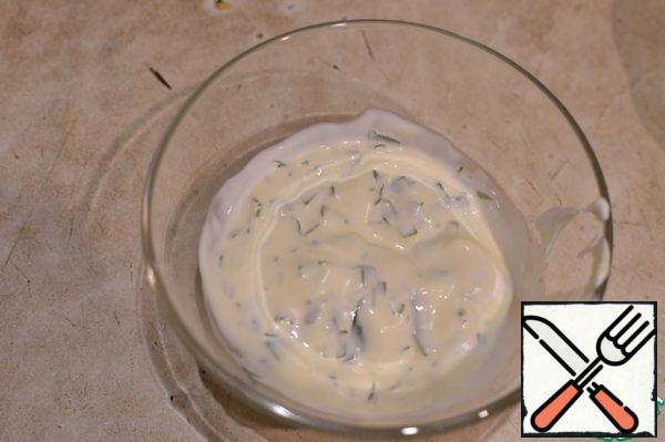 For dressing, finely cut the greens, mix with mayonnaise and sour cream, salt and pepper to taste.