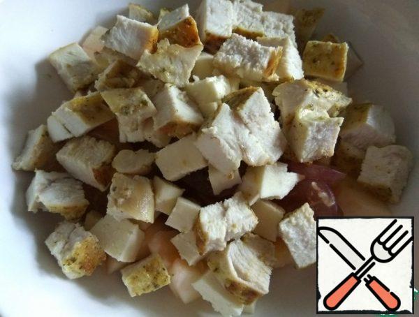Remove the breast from the mold, cool and cut into small pieces. Add to the rest of the ingredients.