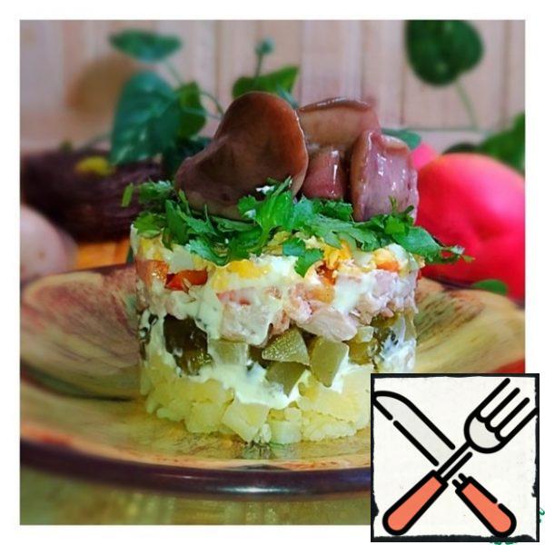 Lay out the salad in layers:
1) potatoes + mayonnaise
2) cucumbers
3) chicken + mayonnaise
4) Bulgarian pepper
5) eggs + mayonnaise
6) greens
7) mushrooms
