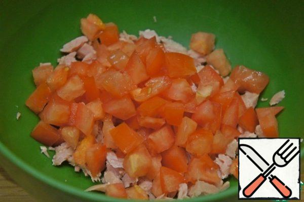 Add tomatoes, cut into small cubes.
I removed the seeds.