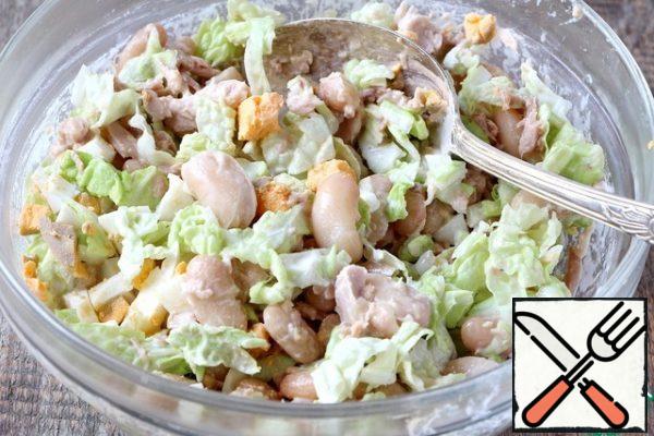 Mix all the ingredients and season with mayonnaise. Decorate the salad as desired.