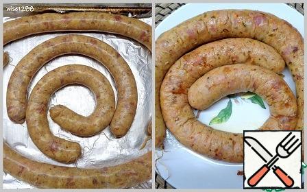 Preheat the oven to 200 degrees. Spread the sausage on a baking sheet. Make frequent pricks with a toothpick, over the entire surface of the sausage. Bake at 200 degrees for 30 minutes.
