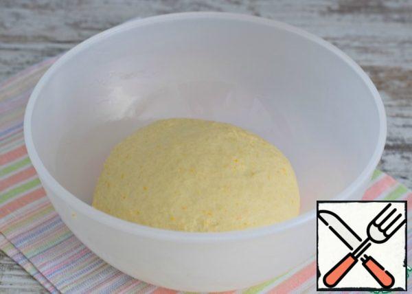 Put the dough in a bowl greased with vegetable oil. lubricate with oil, tighten with cling film and put in the heat for 35-40 minutes.