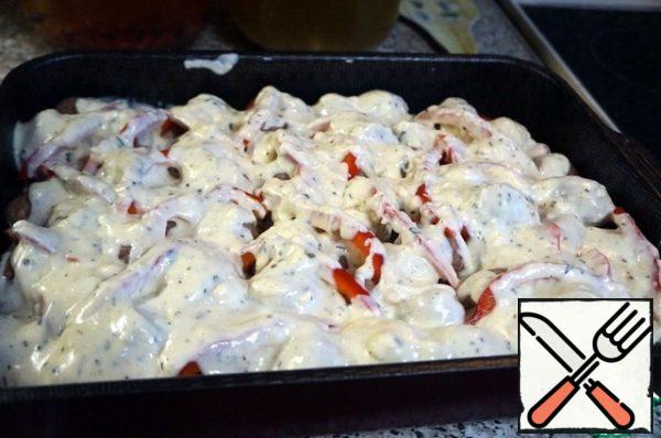 Cover everything with Bechamel sauce. Place in a preheated 200-degree oven for 20 minutes.