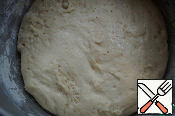 Make the dough. In warm water, dilute the yeast, sugar and salt. Then add the olive oil and sifted flour. Knead the sticky dough, cover it with cling film and leave it in a warm place for 1 hour, to rise. The dough will double in size.