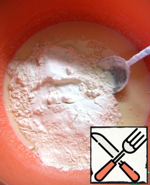 Add flour, baking powder, sugar and salt. Then mix until smooth.
