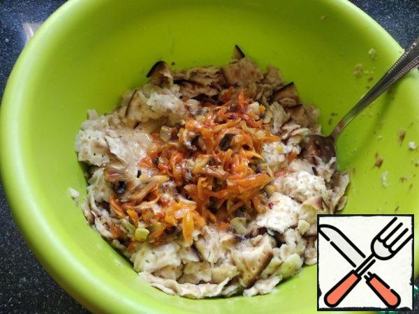 Add eggs and vegetables to the matzo. Add salt and pepper to taste. Mix it.