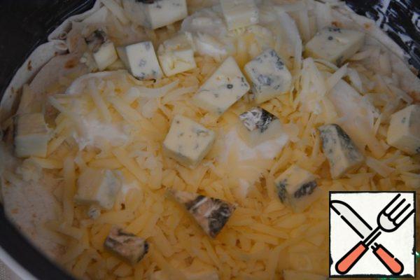 Add the remaining mozzarella, cheese with mold and Dutch cheese to the last pita bread.
