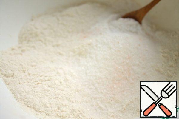 For the dough, mix flour, sugar, salt, baking powder.
