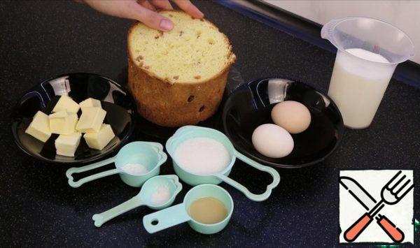 Products you will need:
Any Easter cake or kulich. Whole or in pieces, fresh or stale, it doesn't matter.
Softened butter.
Corn starch.
Salt and vanilla. Sugar.
Alcohol is optional.
Eggs.
Milk.