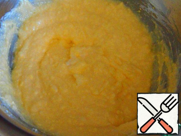 RUB the butter with sugar, add the yolks, beat a little with a whisk. Add the cottage cheese and mix.