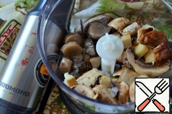 Put the mushrooms and garlic in a bowl for chopping, I have a wonderful assistant blender.
Of course, you can prepare the filling only from mushrooms or forest, but the more diverse you have mushrooms, the richer the taste of the finished dish.