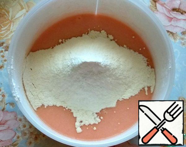 Sift the flour with baking soda and baking powder. Mix well.