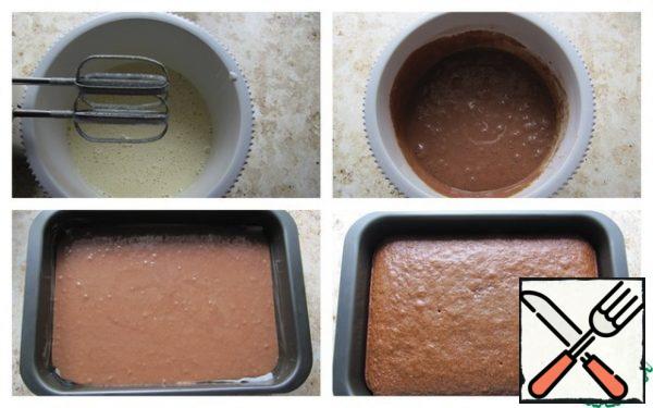 Beat eggs with sugar, add sour cream, condensed milk, mix with a mixer. Sift cocoa powder with wheat flour and baking soda, mix with a mixer until smooth. Cover the 36x16 cm form with baking paper, grease the sides with butter and sprinkle with flour. Pour the dough into the mold and bake in a preheated 180 C oven until ready (the dough should turn out dry). The cake is cooled directly in the mold so that it does not dry out, the bottom of the cake does not "get wet".
Baking soda is extinguished with sour cream, immediately after baking the pie smells a little like soda (if you find fault), the finished pie has no smell and taste of soda. For those who do not like the smell of soda-replace the soda with about 2 tsp baking powder with a small mound of dough sifted with flour.