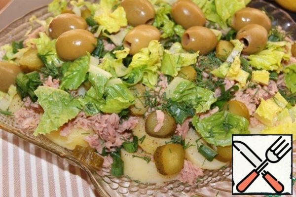 The last layer is chopped or torn lettuce leaves, dill and mint.
Lettuce leaves can be used any, but quite a bit, they are more likely to be present in the salad than its main component.
Put the salad in the refrigerator for at least 30 minutes.