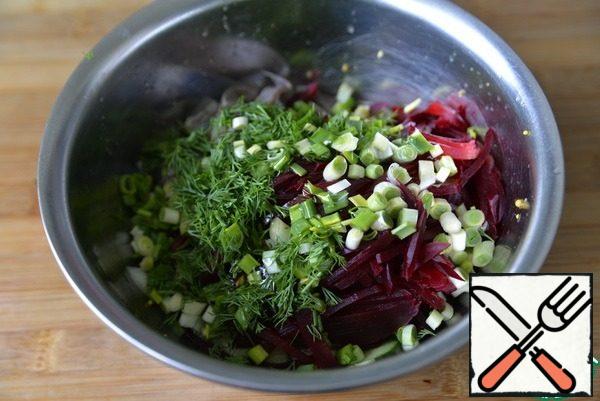 Add chopped green onions, dill and vegetable oil.