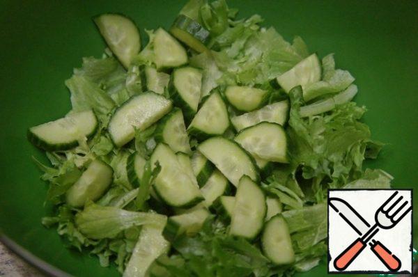 Add the cucumber, cut into half rings.